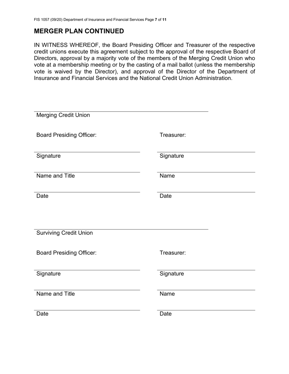 Form FIS1057 Application for Permission to Merge a Credit Union With Another Credit Union - Michigan, Page 7