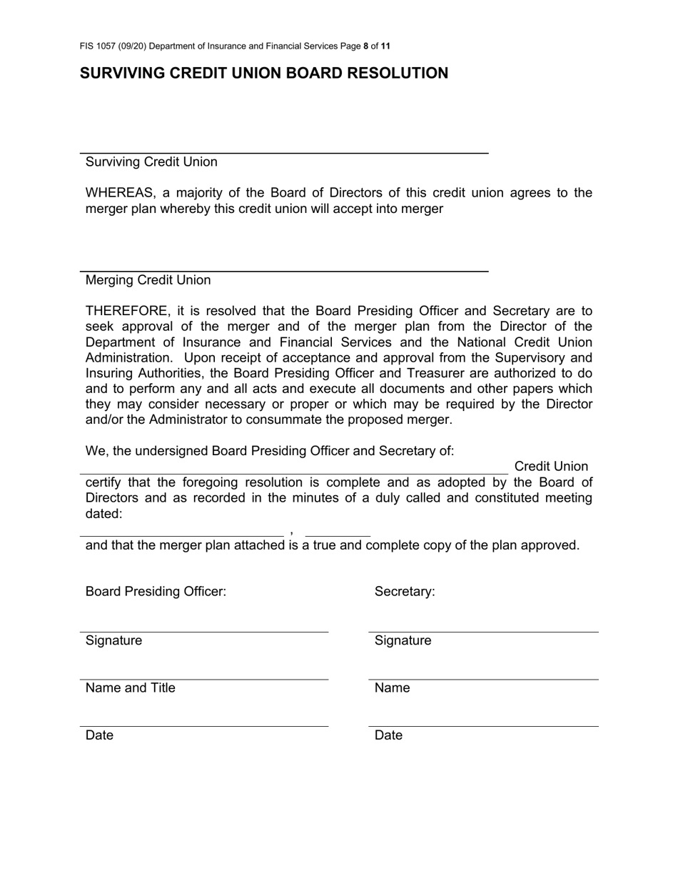 Form FIS1057 Application for Permission to Merge a Credit Union With Another Credit Union - Michigan, Page 8