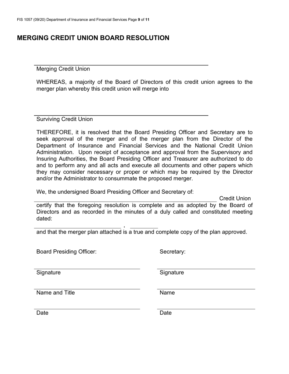 Form FIS1057 Application for Permission to Merge a Credit Union With Another Credit Union - Michigan, Page 9