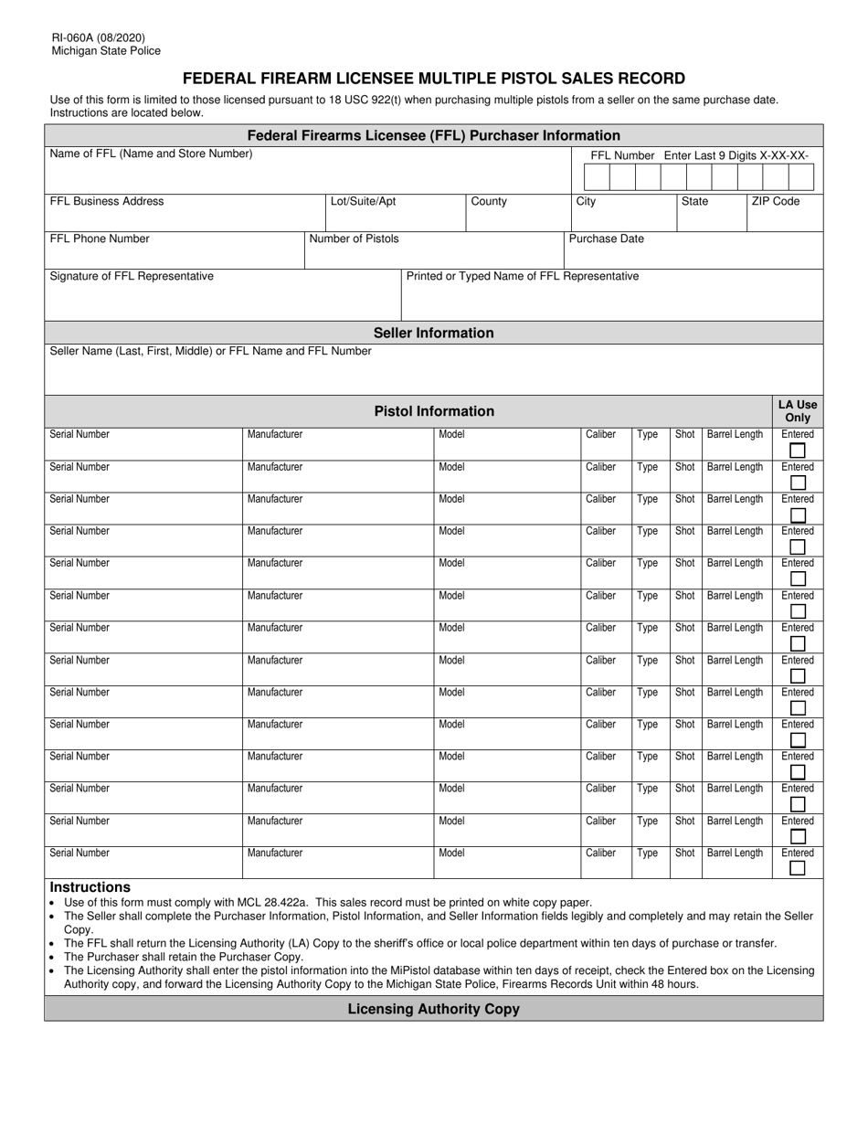 Form RI-060A Federal Firearm Licensee Multiple Pistol Sales Record - Michigan, Page 1