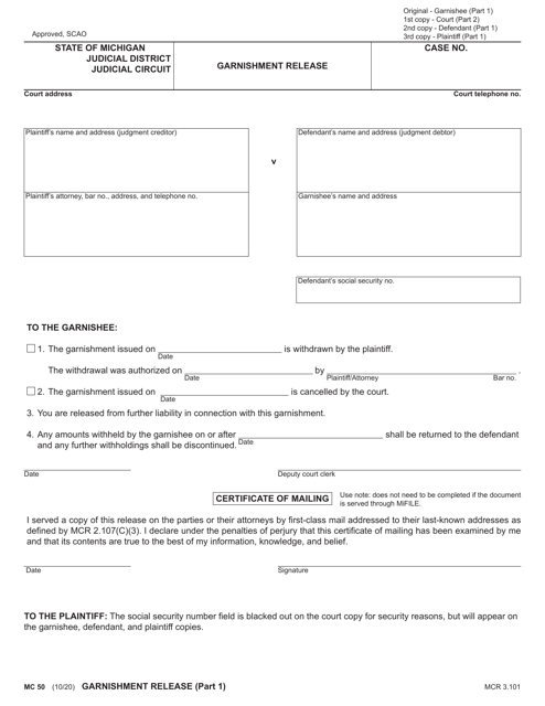 Form MC50 Garnishment Release - Michigan