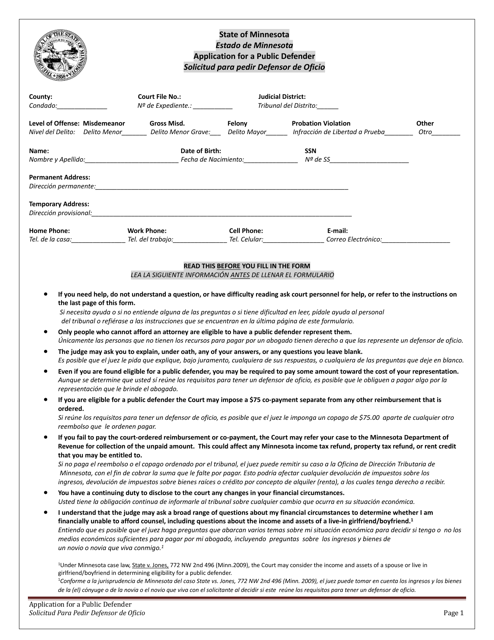 Application for a Public Defender - Minnesota (English/Spanish)