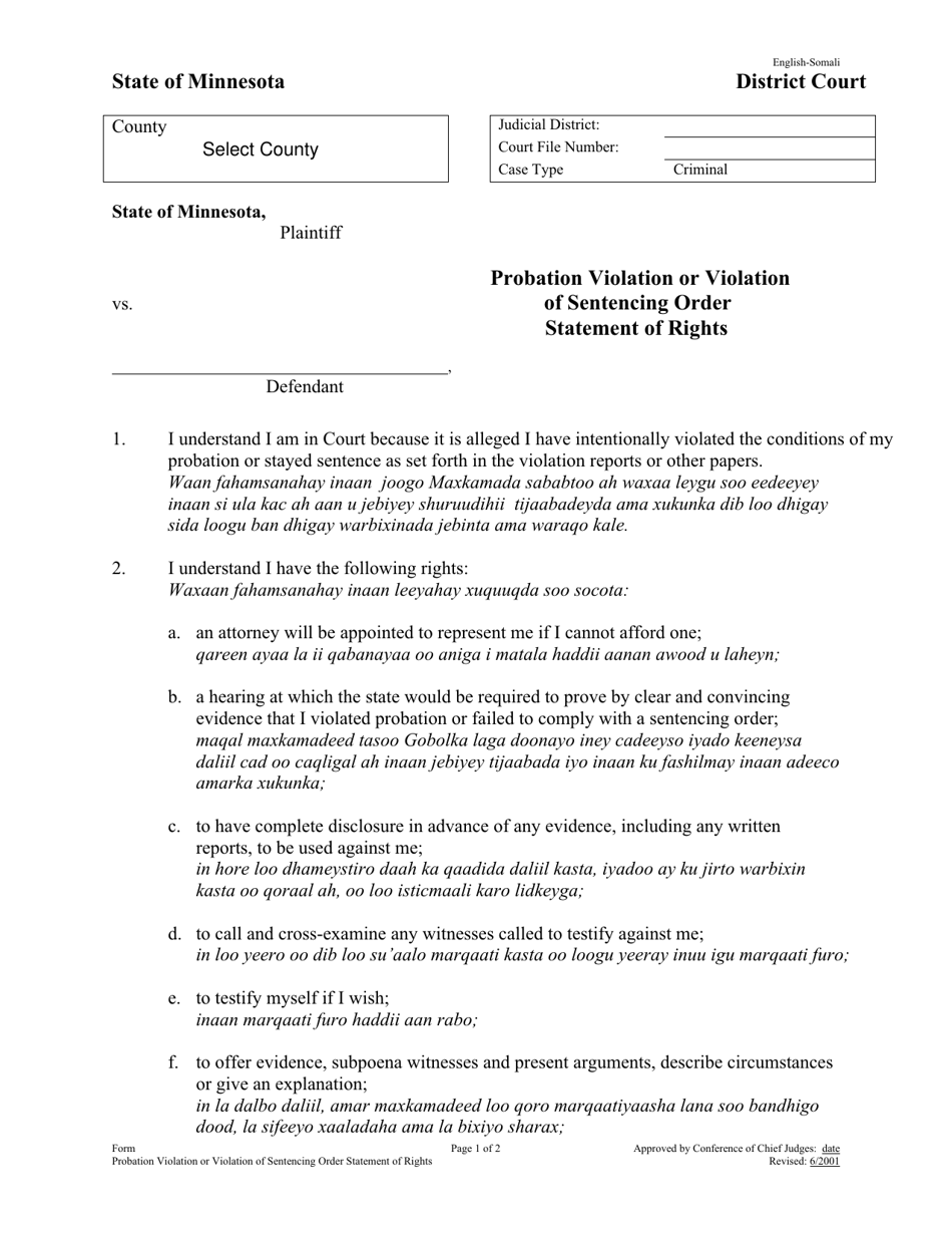 Form CRM206 Probation Violation or Violation of Sentencing Order Statement of Rights - Minnesota (English / Somali), Page 1