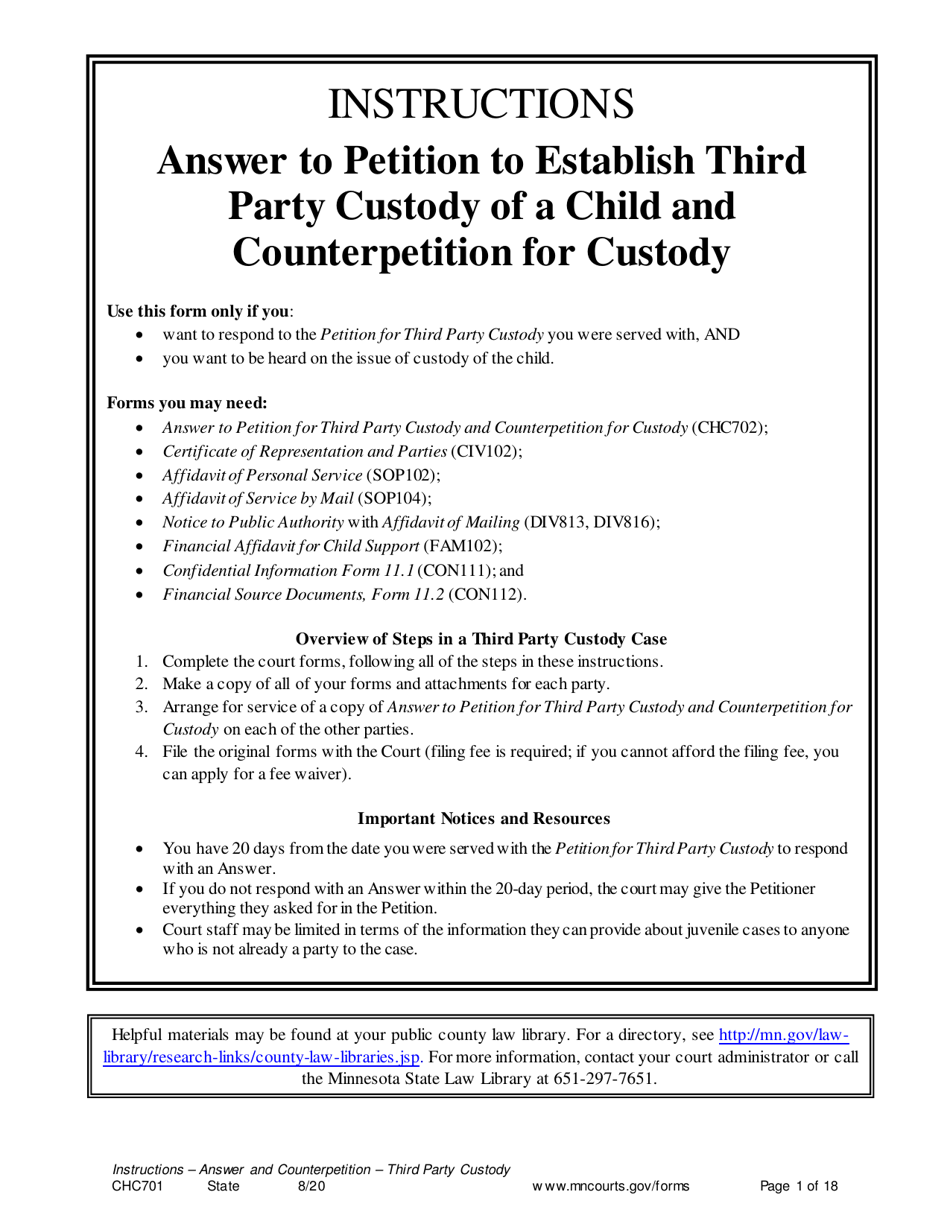 Download Instructions for Form CHC702 Answer to Third Party Custody