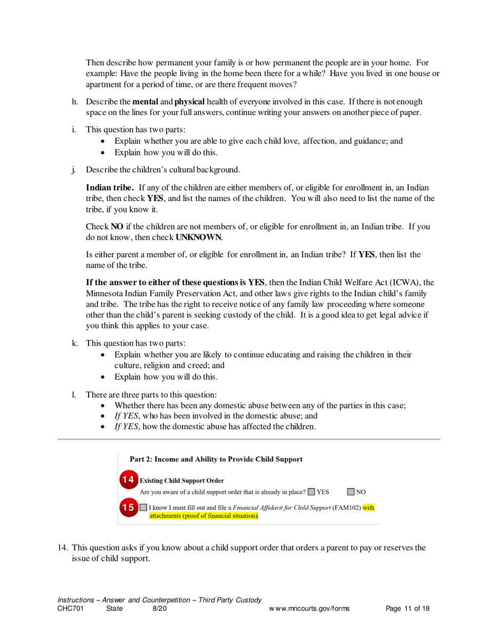 Instructions for Form CHC702 Answer to Third Party Custody Petition and Counterpetition for Custody - Minnesota, Page 11