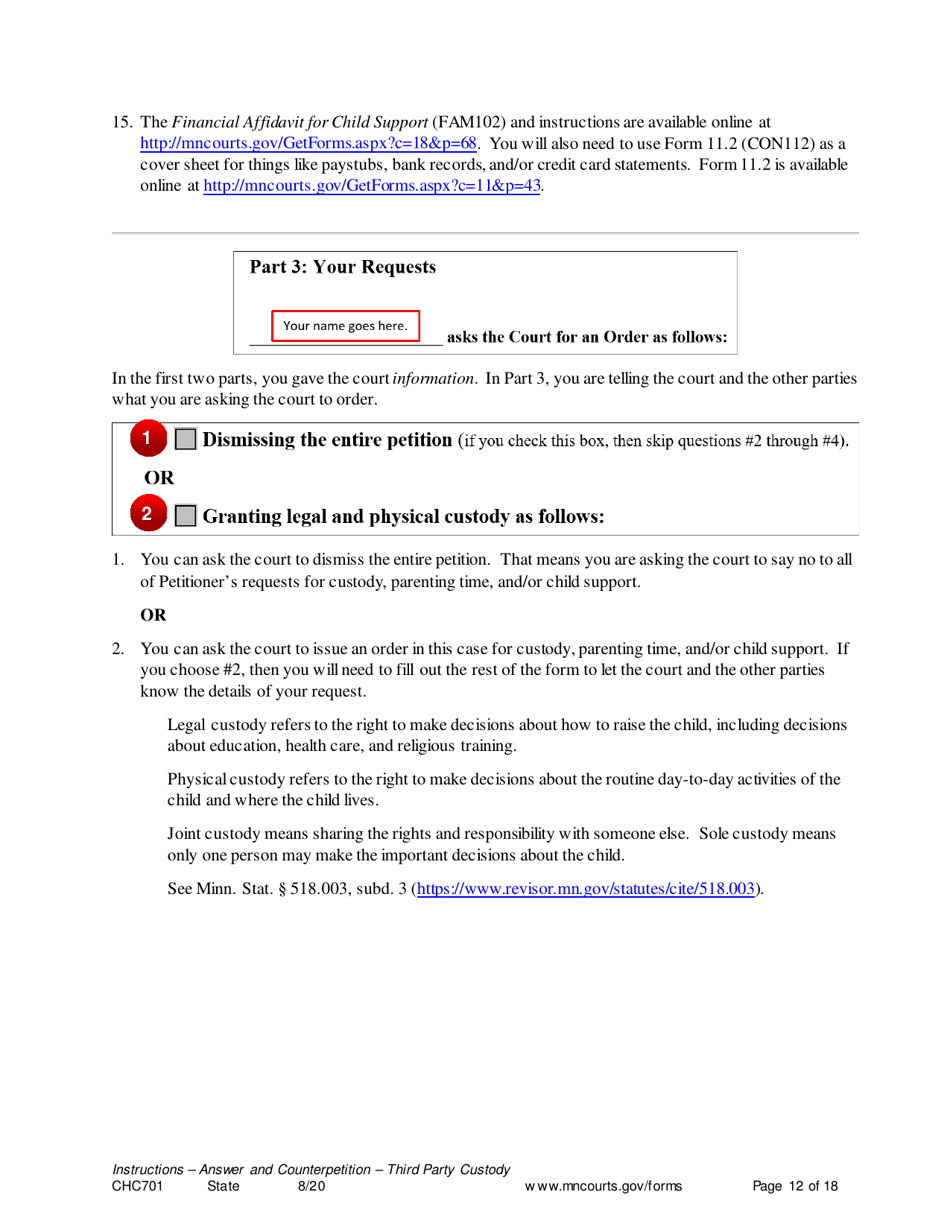 Instructions for Form CHC702 Answer to Third Party Custody Petition and Counterpetition for Custody - Minnesota, Page 12