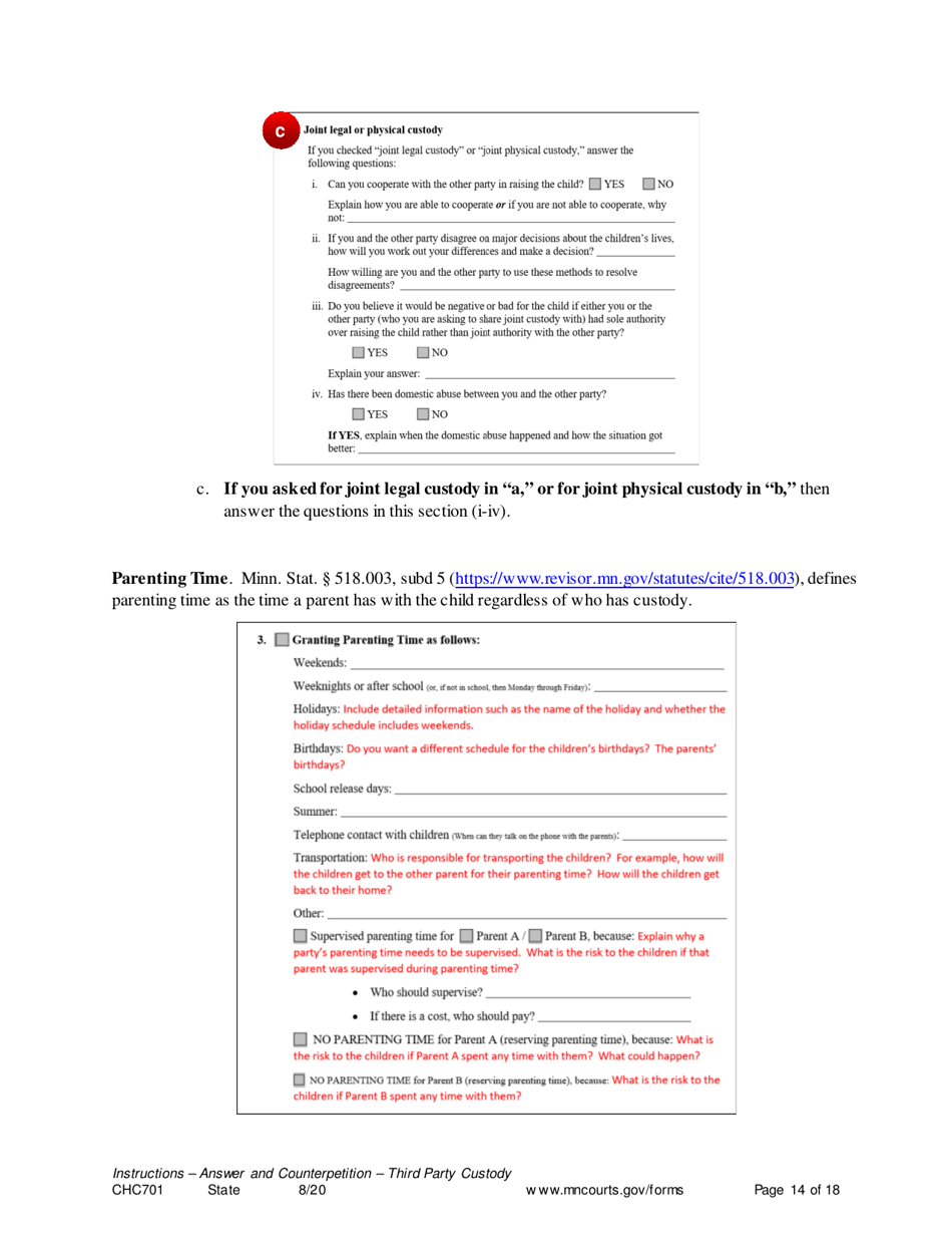 Instructions for Form CHC702 Answer to Third Party Custody Petition and Counterpetition for Custody - Minnesota, Page 14