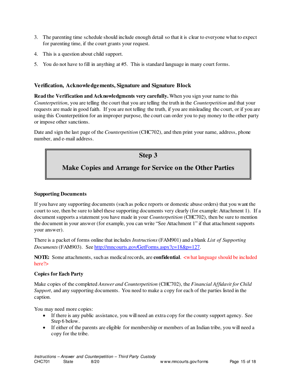 Instructions for Form CHC702 Answer to Third Party Custody Petition and Counterpetition for Custody - Minnesota, Page 15
