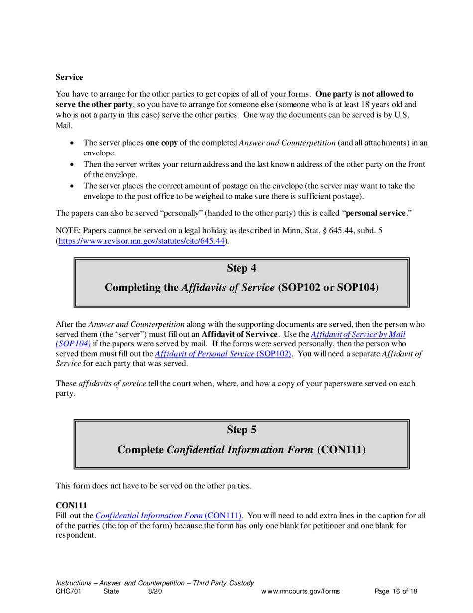 Instructions for Form CHC702 Answer to Third Party Custody Petition and Counterpetition for Custody - Minnesota, Page 16
