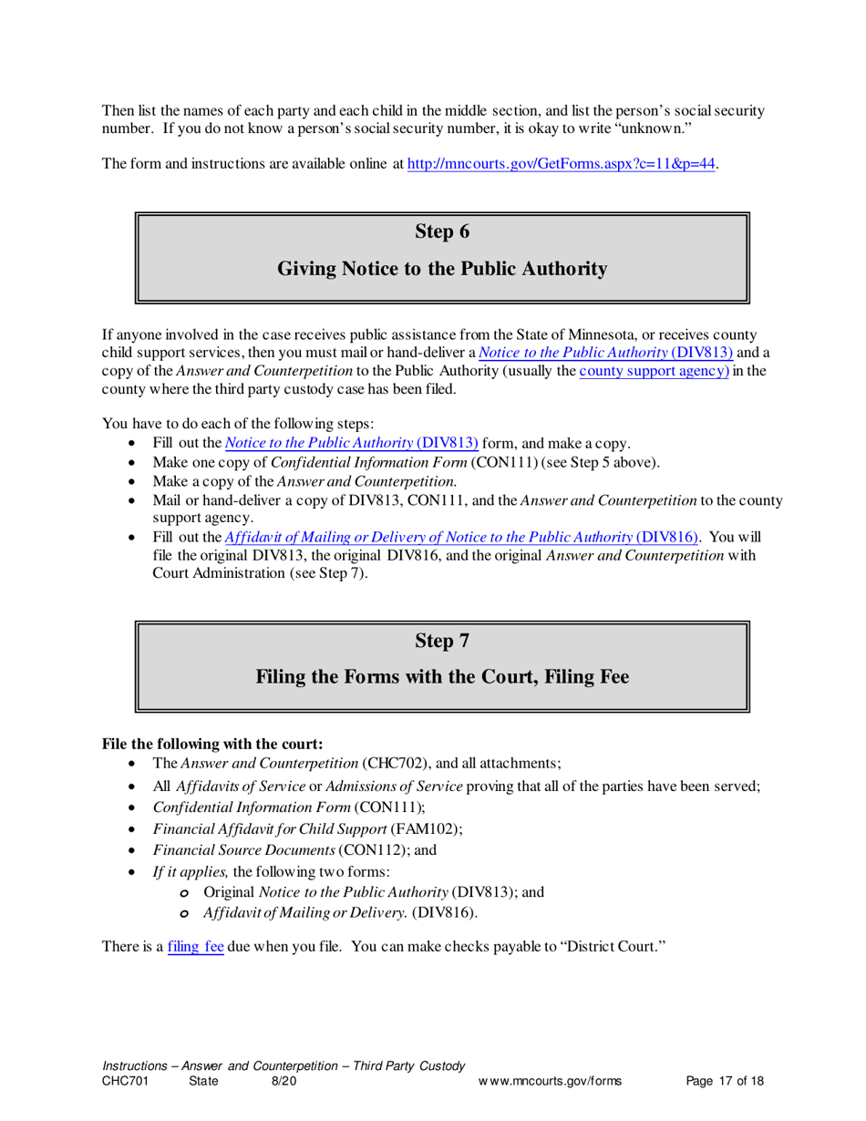 Instructions for Form CHC702 Answer to Third Party Custody Petition and Counterpetition for Custody - Minnesota, Page 17