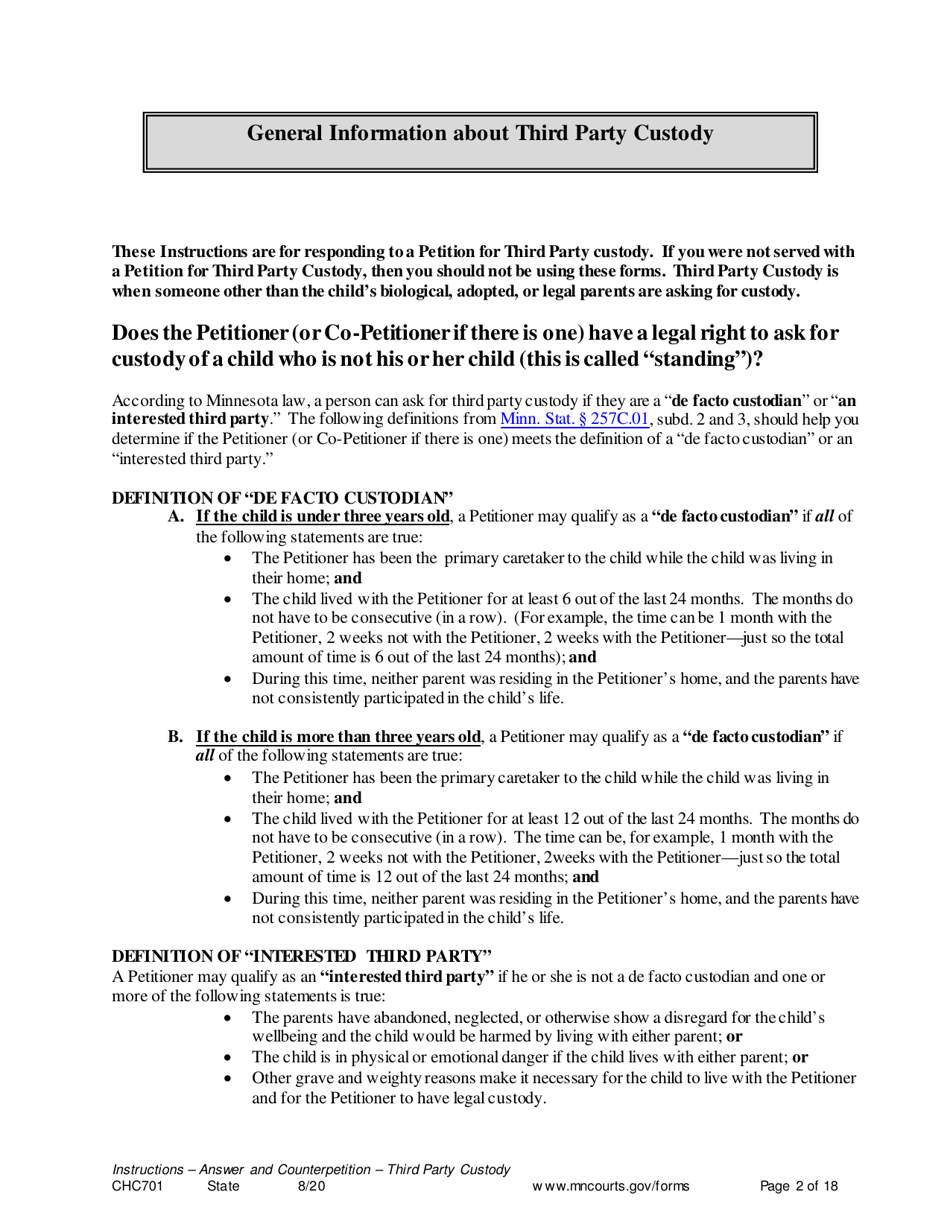 Instructions for Form CHC702 Answer to Third Party Custody Petition and Counterpetition for Custody - Minnesota, Page 2