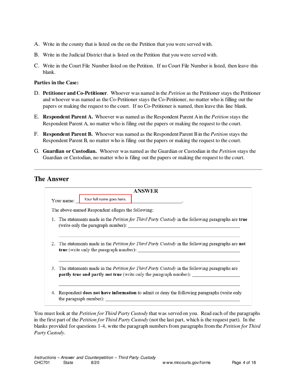 Instructions for Form CHC702 Answer to Third Party Custody Petition and Counterpetition for Custody - Minnesota, Page 4
