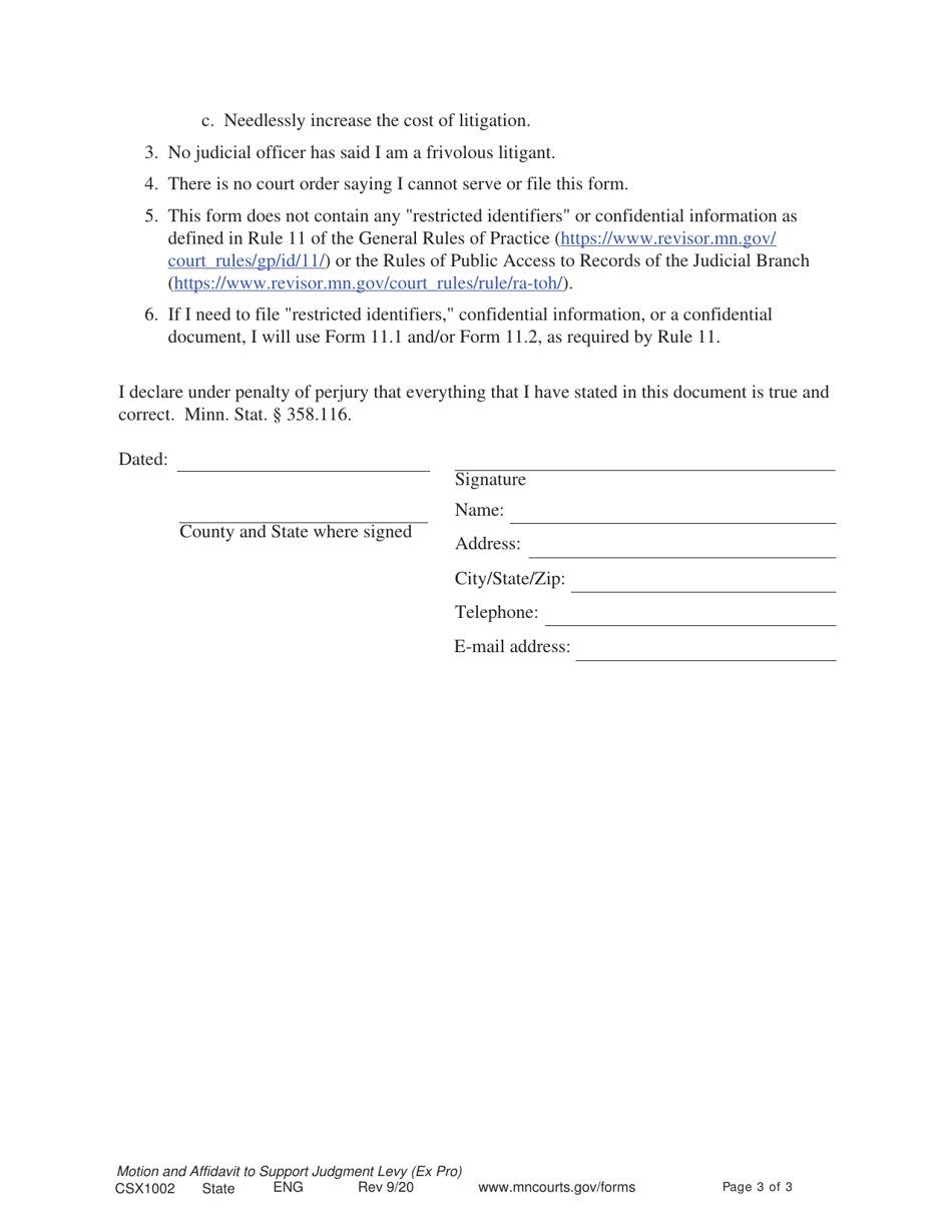 Form CSX1002 Notice of Motion, Motion and Affidavit to Contest Support Judgment Levy - Minnesota, Page 3