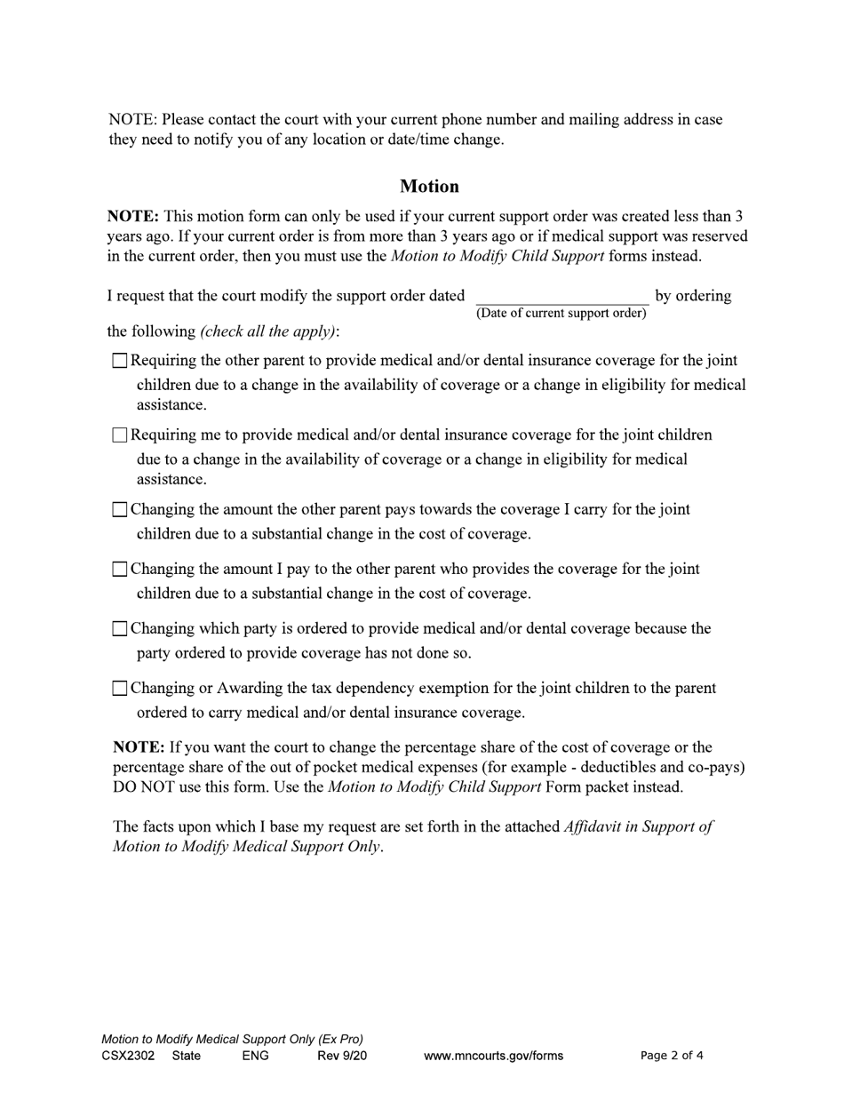 Form CSX2302 Notice of Motion and Motion to Modify Medical Support Only - Minnesota, Page 2