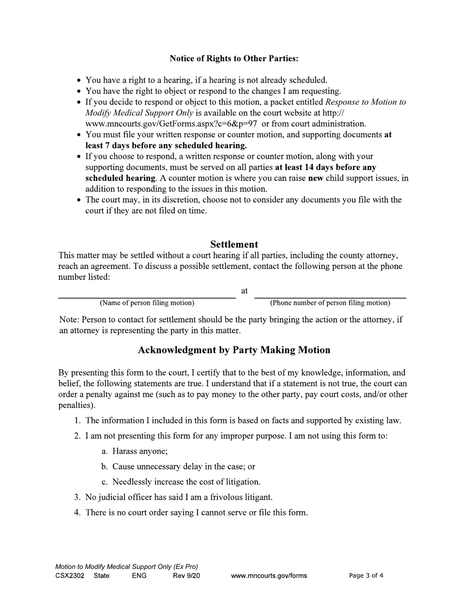 Form CSX2302 Notice of Motion and Motion to Modify Medical Support Only - Minnesota, Page 3