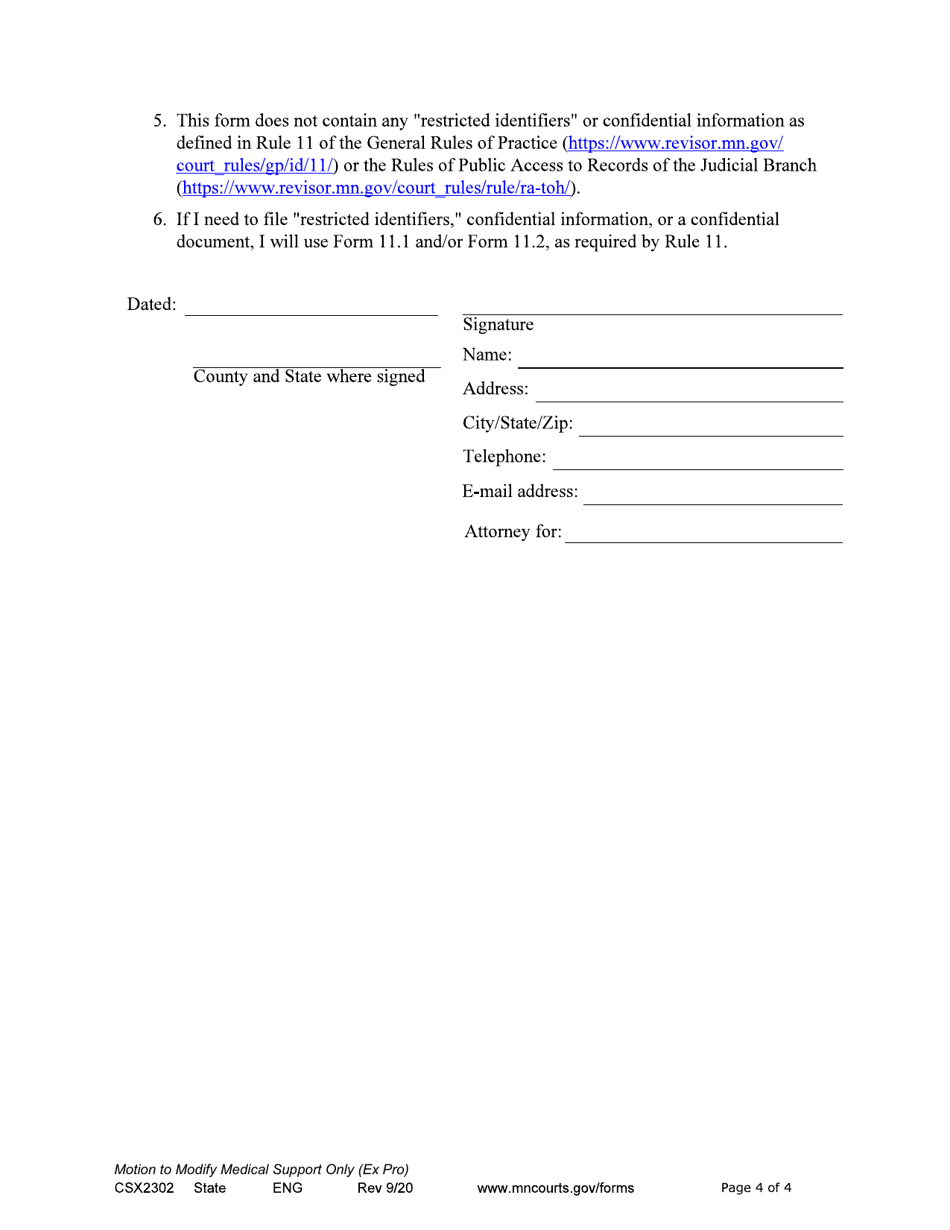 Form CSX2302 Notice of Motion and Motion to Modify Medical Support Only - Minnesota, Page 4
