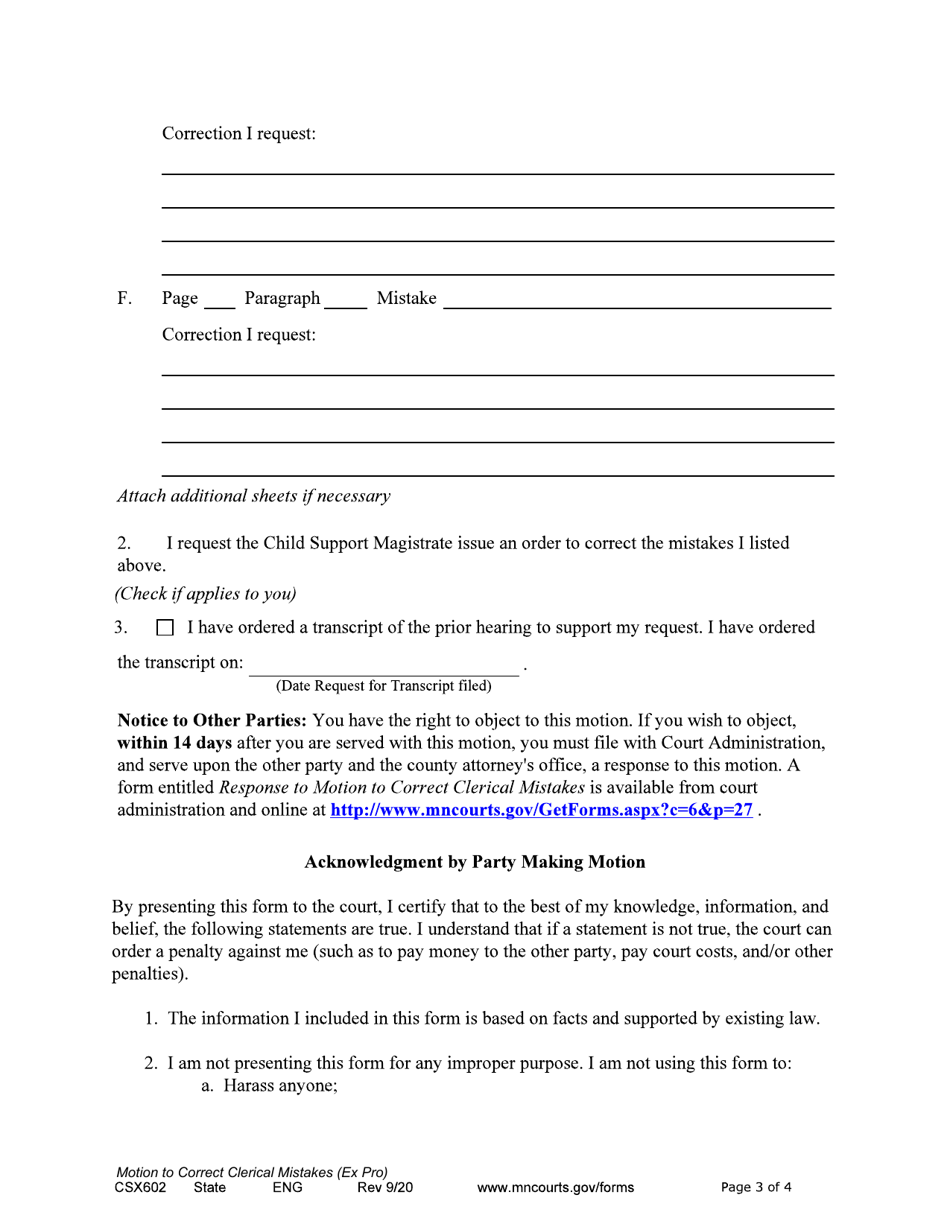 Form CSX602 Motion to Correct Clerical Mistakes - Minnesota, Page 3