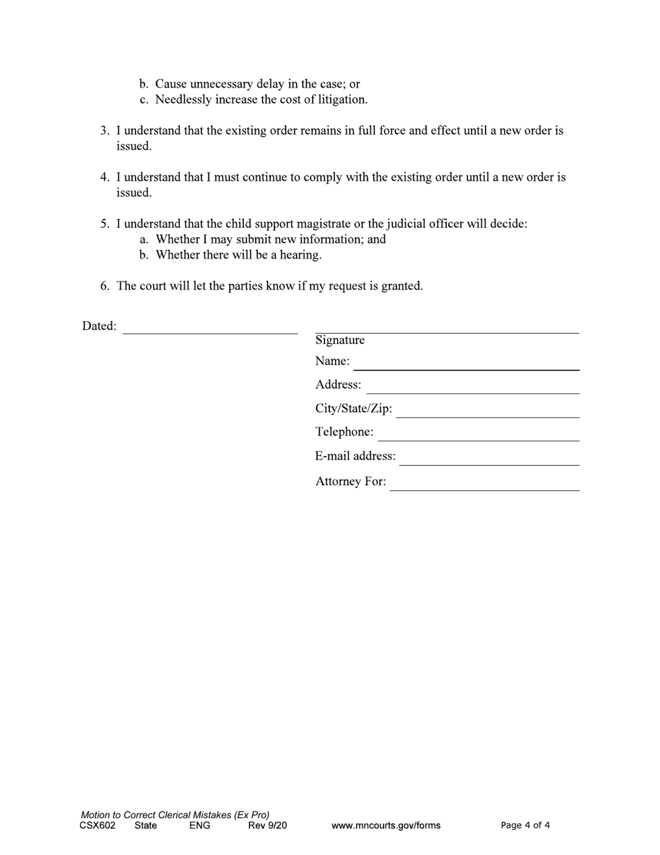 Form CSX602 Motion to Correct Clerical Mistakes - Minnesota, Page 4