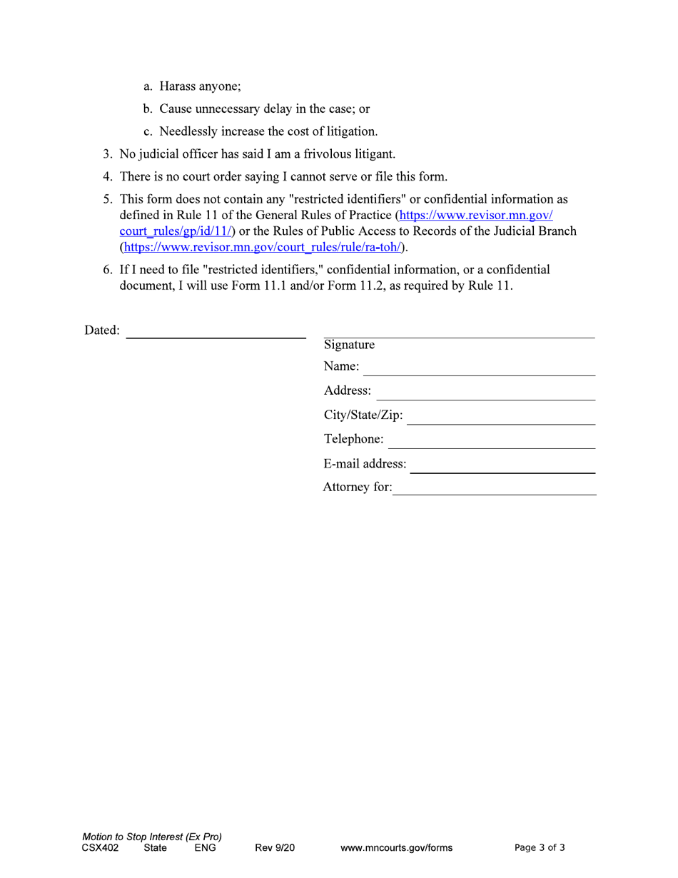 Form CSX402 Motion to Stop Interest - Minnesota, Page 3
