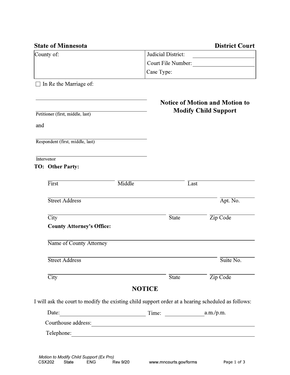 Form CSX202 Notice of Motion and Motion to Modify Child Support - Minnesota, Page 1