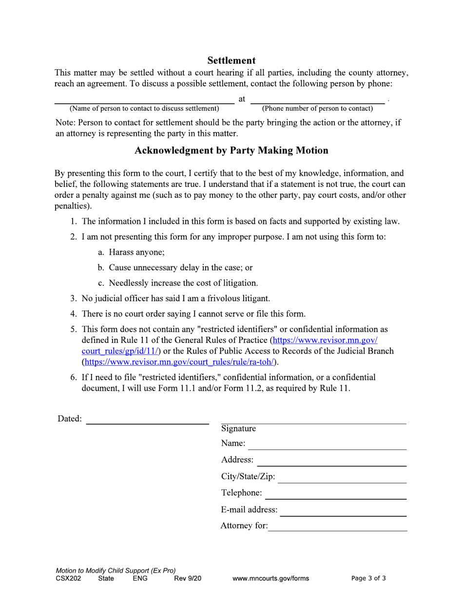 Form CSX202 Notice of Motion and Motion to Modify Child Support - Minnesota, Page 3