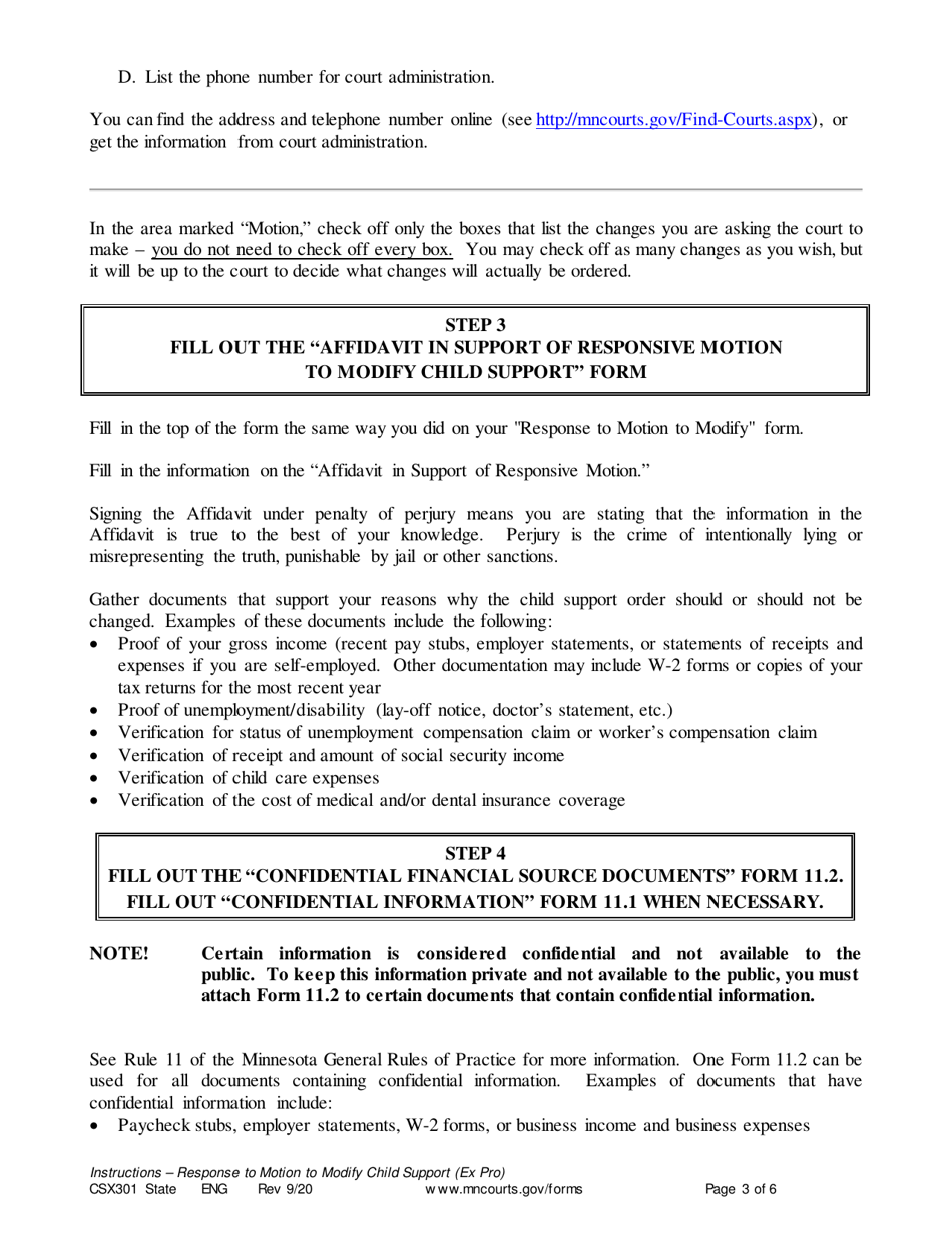 Instructions for Form CSX302 Response to Motion to Modify Support - Minnesota, Page 3