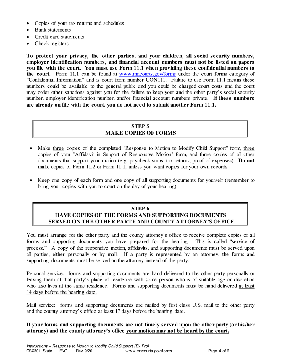 Instructions for Form CSX302 Response to Motion to Modify Support - Minnesota, Page 4