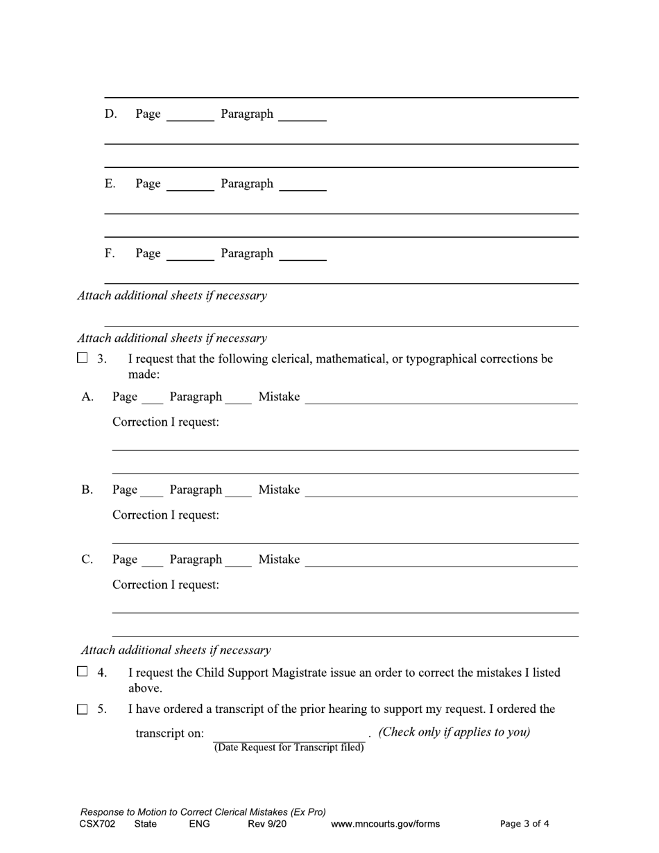 Form CSX702 Response to Motion to Correct Clerical Mistakes - Minnesota, Page 3