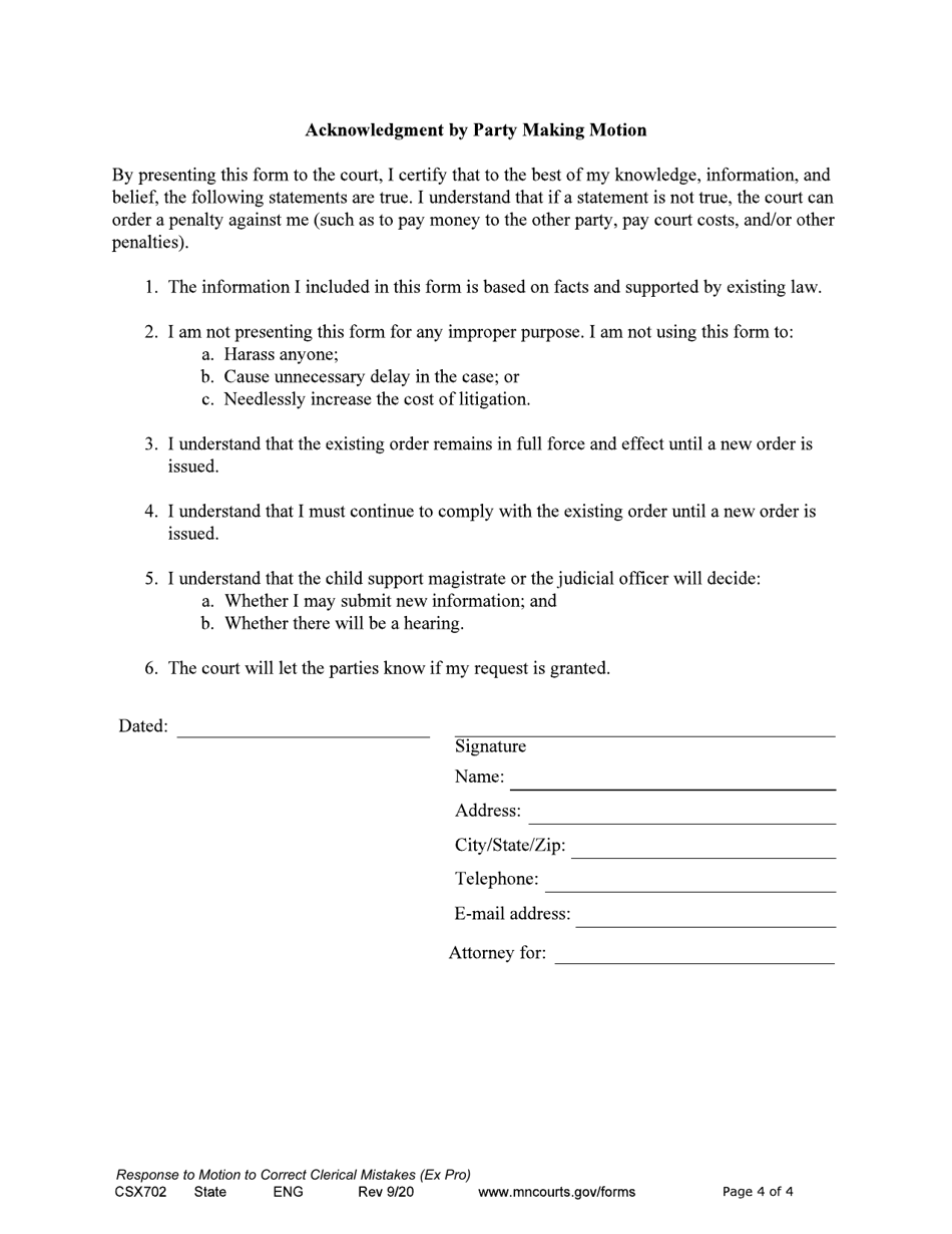 Form CSX702 Response to Motion to Correct Clerical Mistakes - Minnesota, Page 4