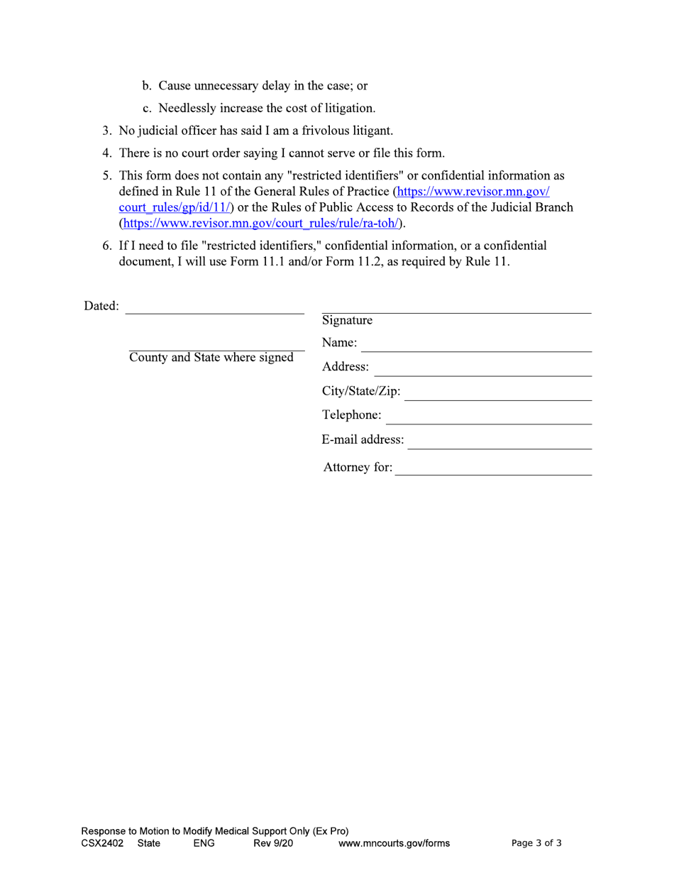 Form CSX2402 Response to Motion to Modify Medical Support Only - Minnesota, Page 3