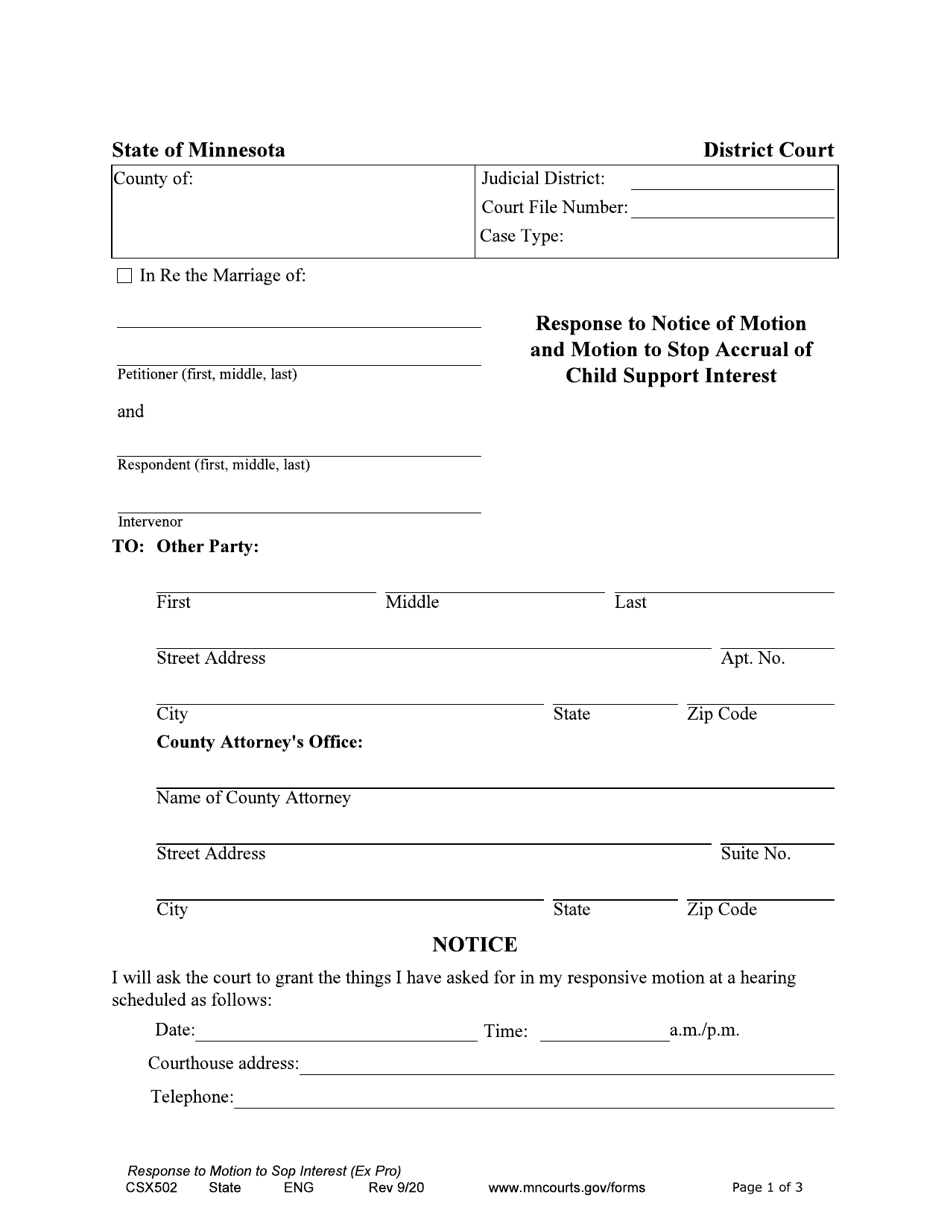 Form CSX502 Response to Notice of Motion and Motion to Stop Accrual of Child Support Interest - Minnesota, Page 1