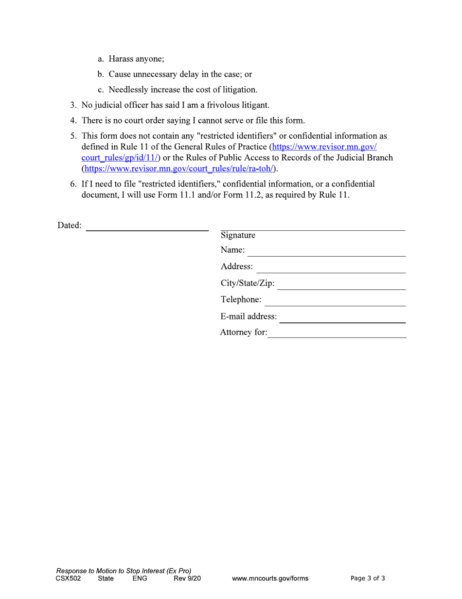Form CSX502 Response to Notice of Motion and Motion to Stop Accrual of Child Support Interest - Minnesota, Page 3