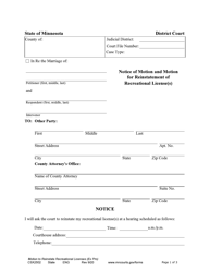 Document preview: Form CSX2502 Notice of Motion and Motion for Reinstatement of Recreational License(S) - Minnesota