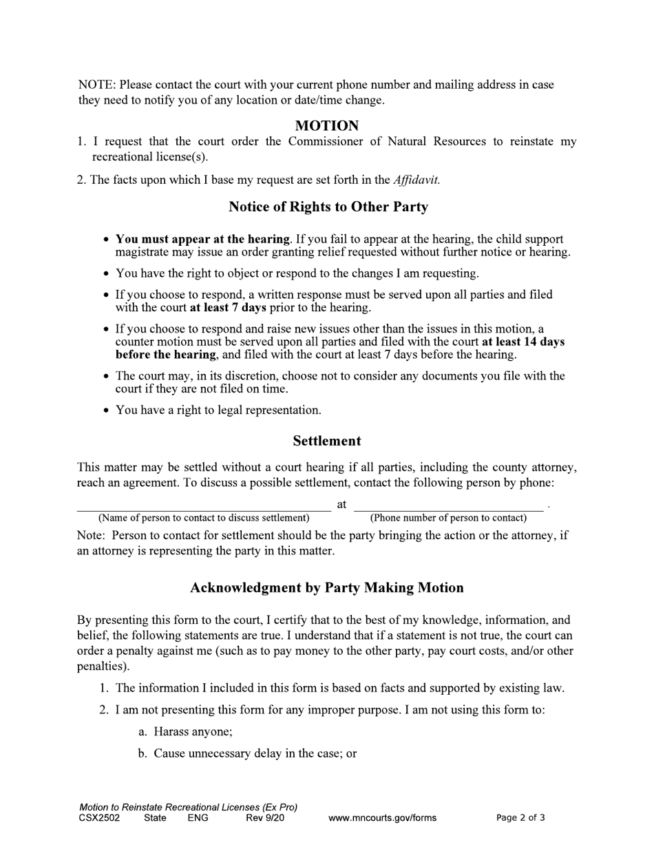 Form CSX2502 Notice of Motion and Motion for Reinstatement of Recreational License(S) - Minnesota, Page 2