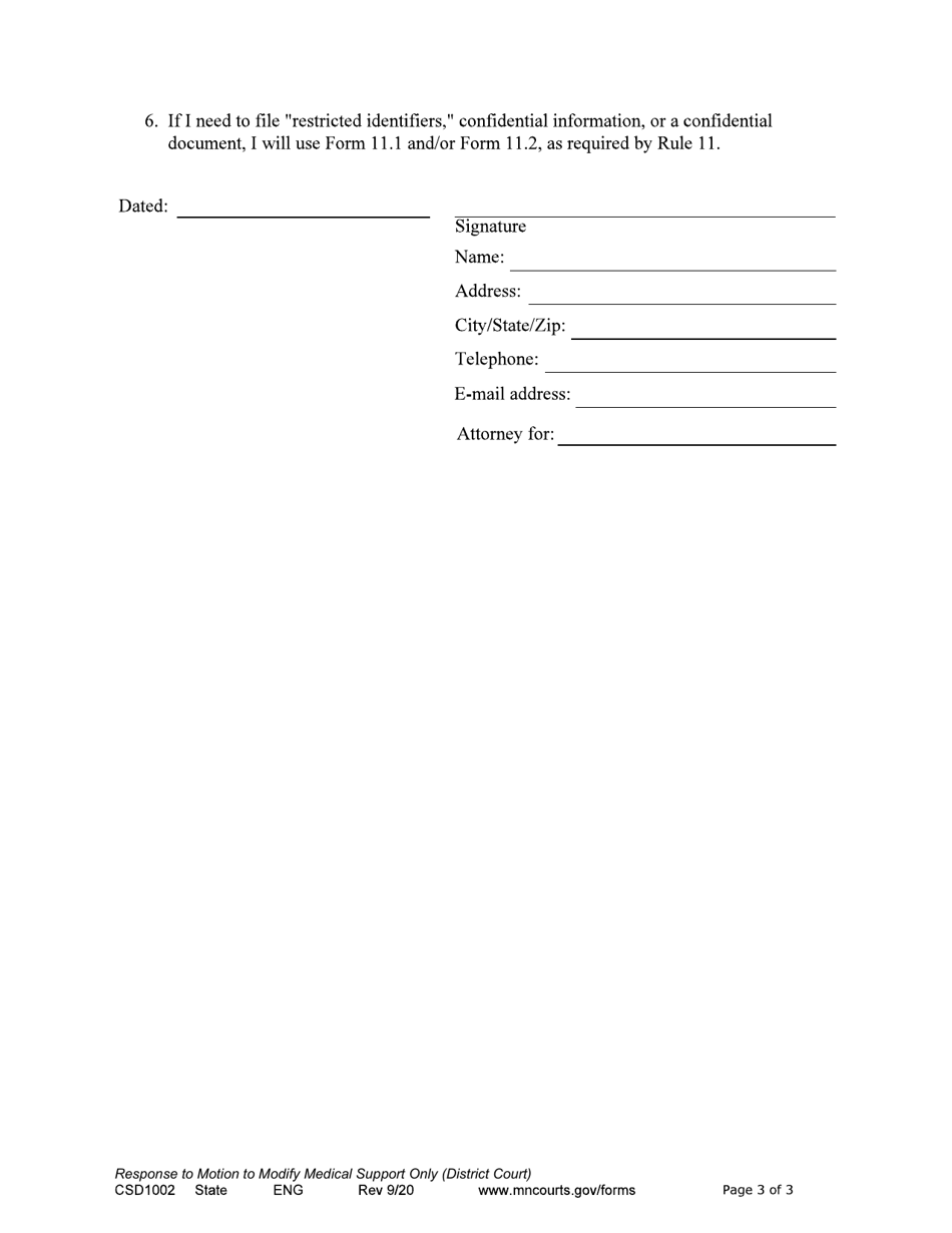 Form CSD1002 Response to Motion to Modify Medical Support Only - Minnesota, Page 3