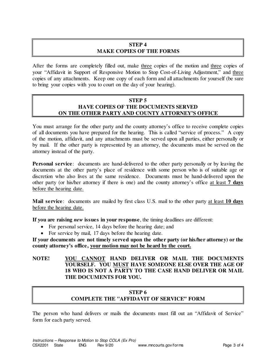Instructions for Form CSX2202 Response to Notice of Motion and Motion to Stop Cost of Living Adjustment - Minnesota, Page 3