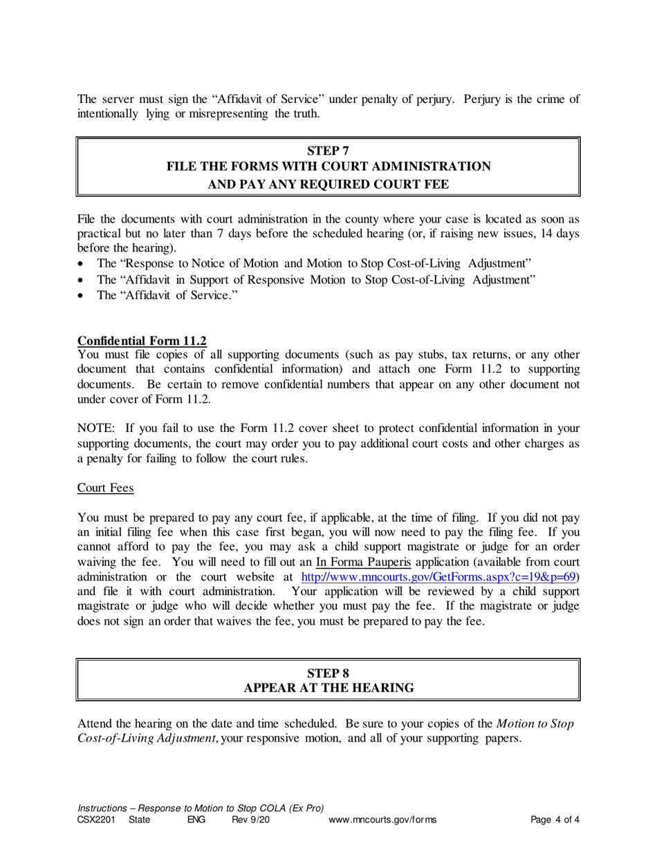 Instructions for Form CSX2202 Response to Notice of Motion and Motion to Stop Cost of Living Adjustment - Minnesota, Page 4