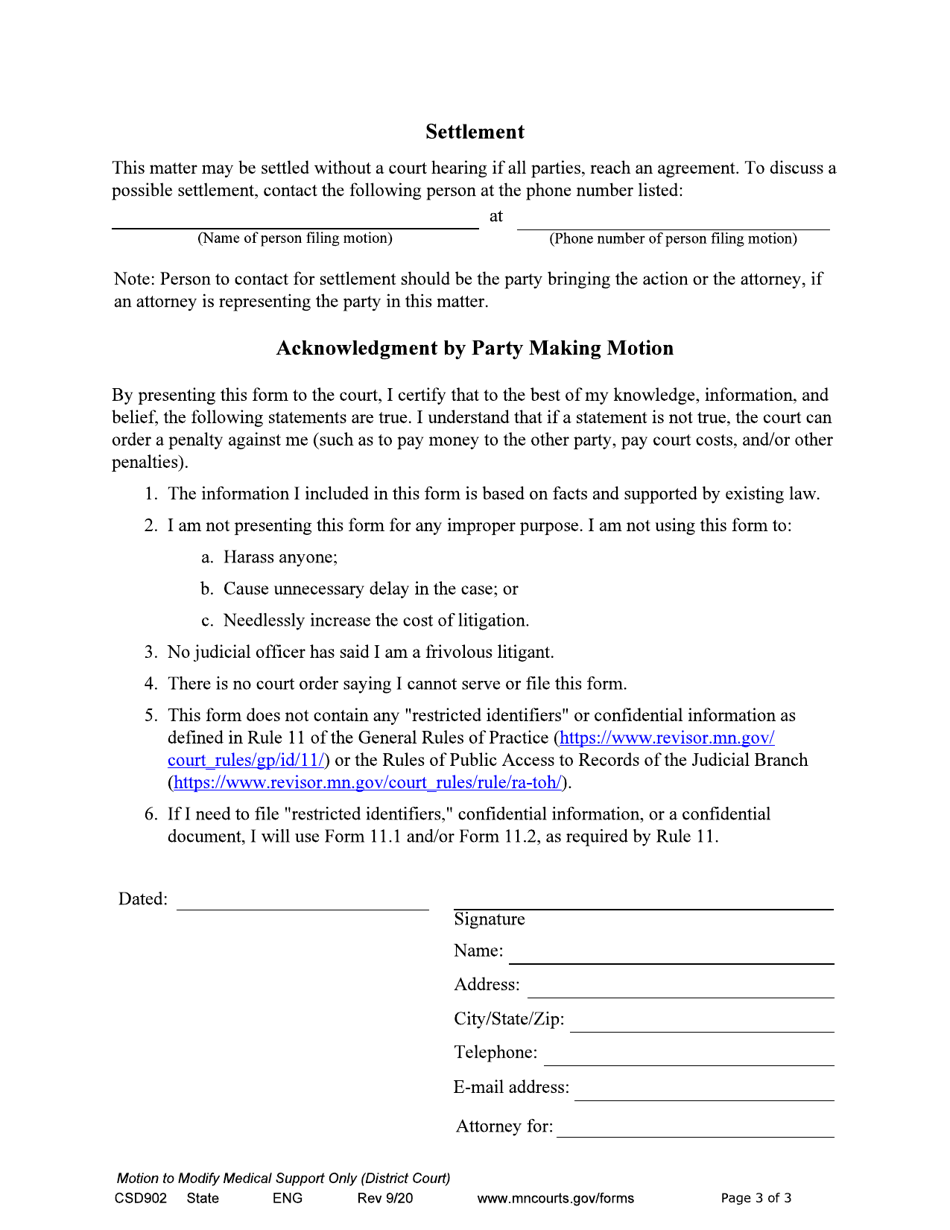 Form CSD902 Notice of Motion and Motion to Modify Medical Support Only - Minnesota, Page 3