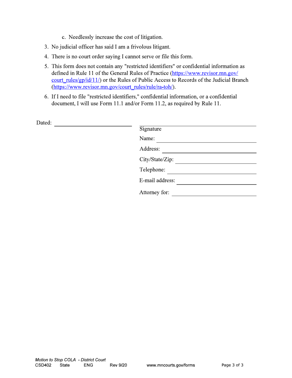 Form CSD402 Notice of Motion and Motion to Stop Cost of Living Adjustment - Minnesota, Page 3