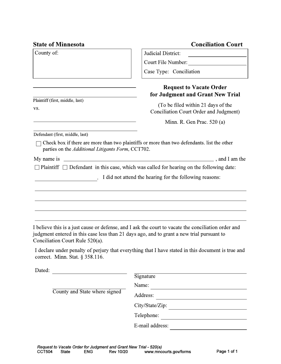 Form CCT504 Request to Vacate Order for Judgment and Grant New Trial - Minnesota, Page 1