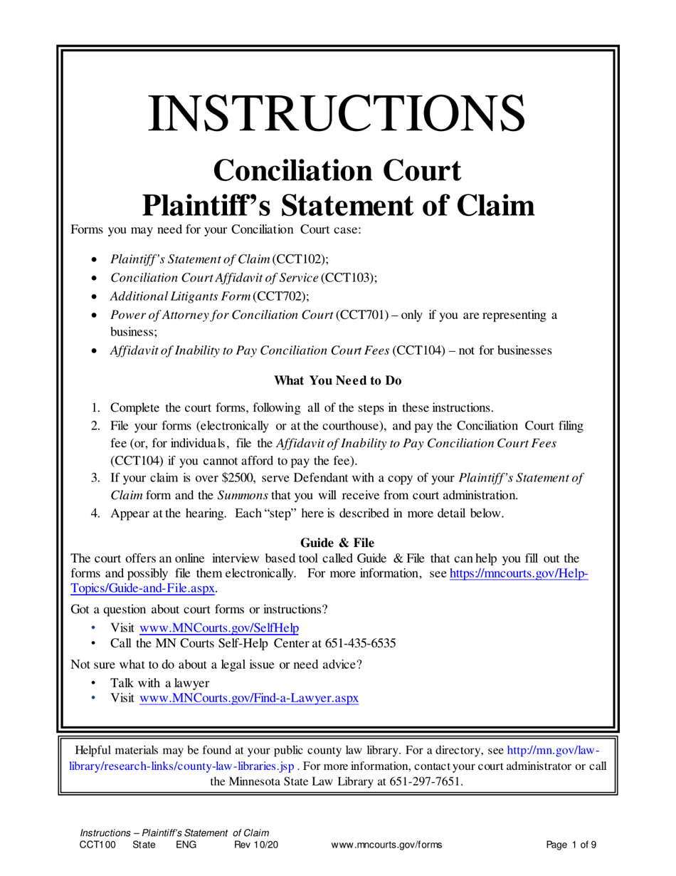 Instructions for Form CCT102 Plaintiffs Statement of Claim - Minnesota, Page 1