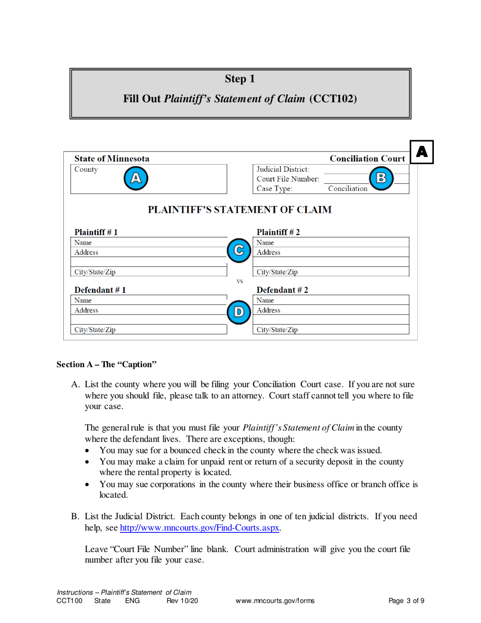 Instructions for Form CCT102 Plaintiffs Statement of Claim - Minnesota, Page 3