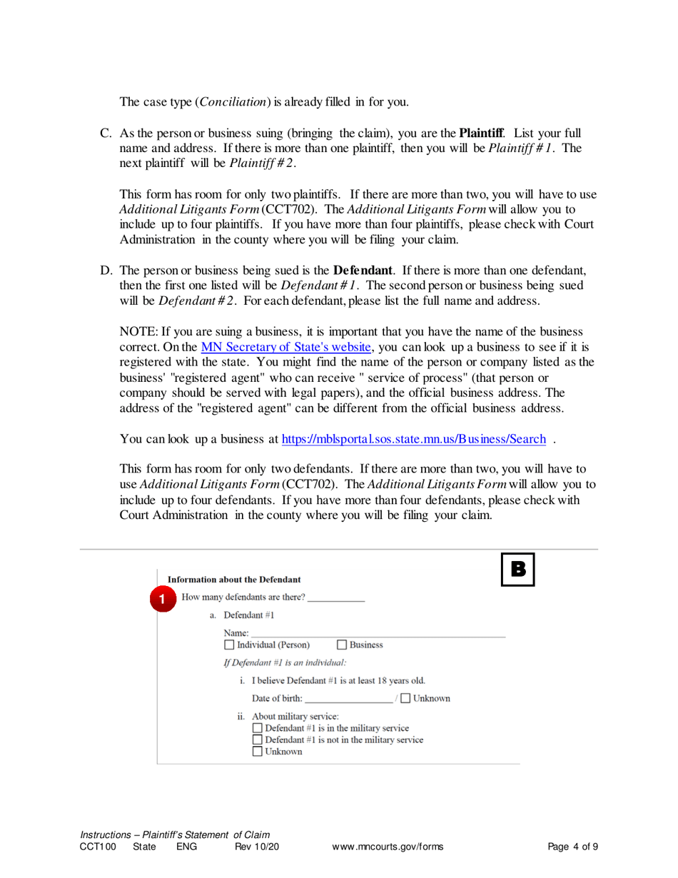 Instructions for Form CCT102 Plaintiffs Statement of Claim - Minnesota, Page 4