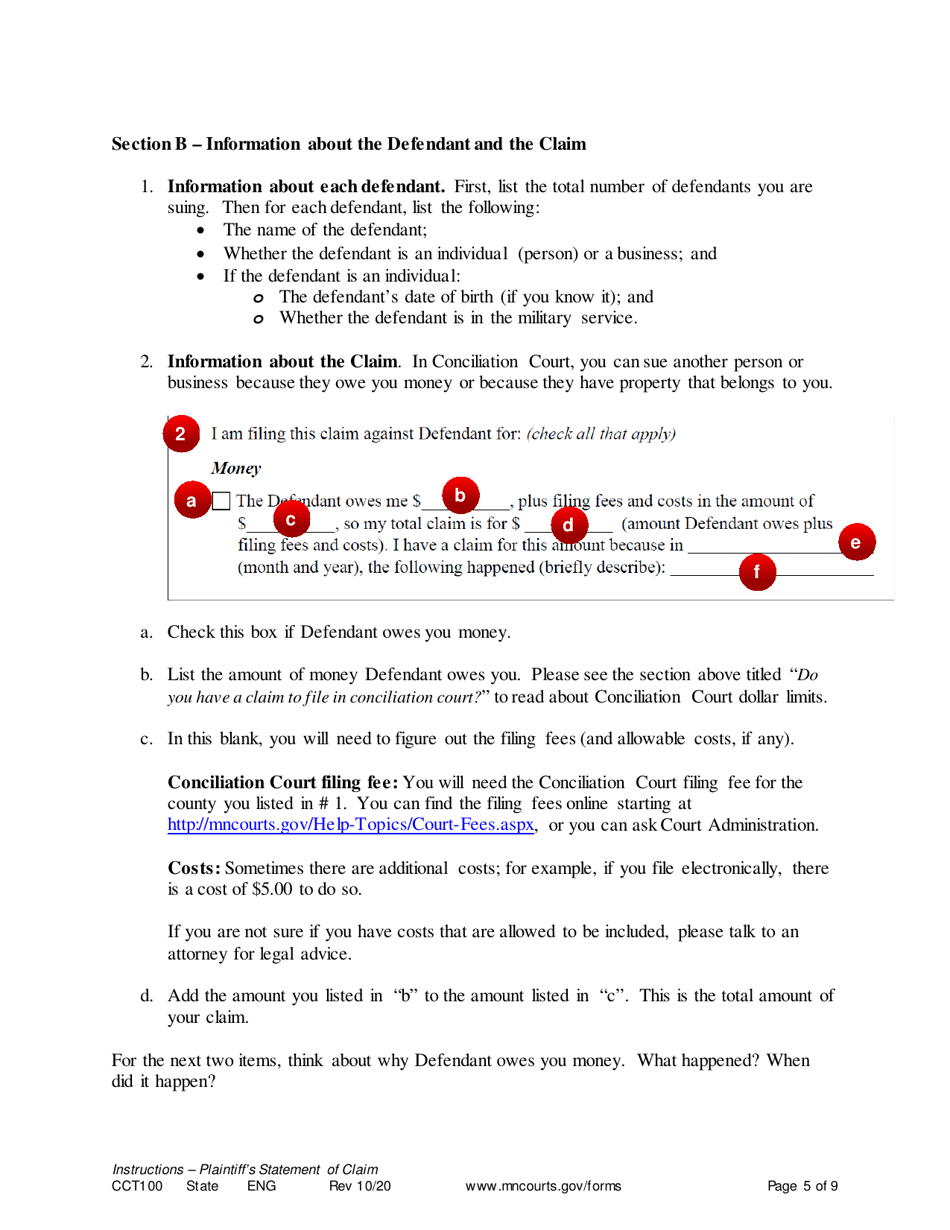 Instructions for Form CCT102 Plaintiffs Statement of Claim - Minnesota, Page 5