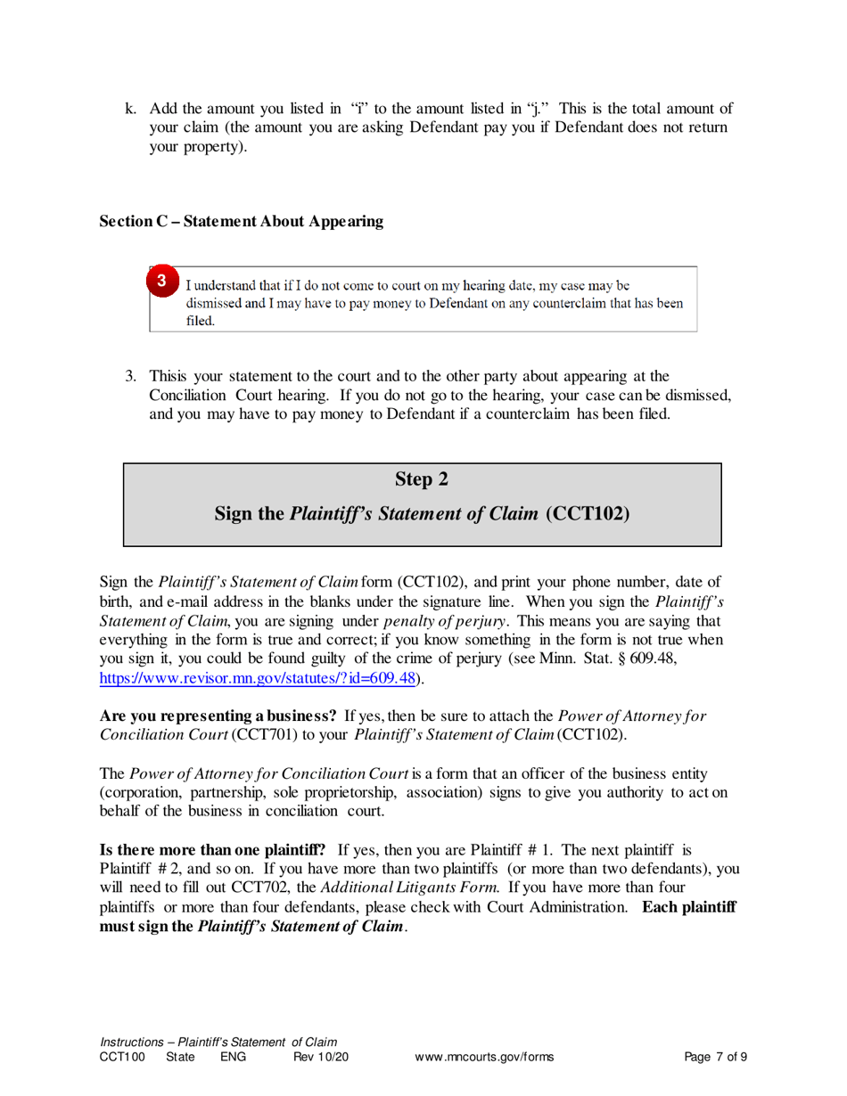 Instructions for Form CCT102 Plaintiffs Statement of Claim - Minnesota, Page 7