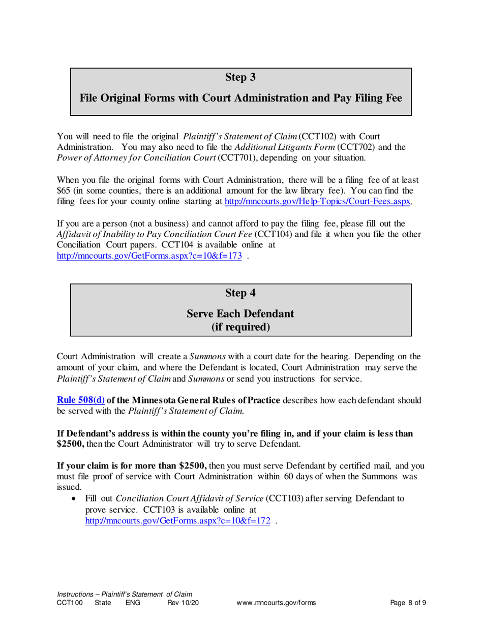 Instructions for Form CCT102 Plaintiffs Statement of Claim - Minnesota, Page 8
