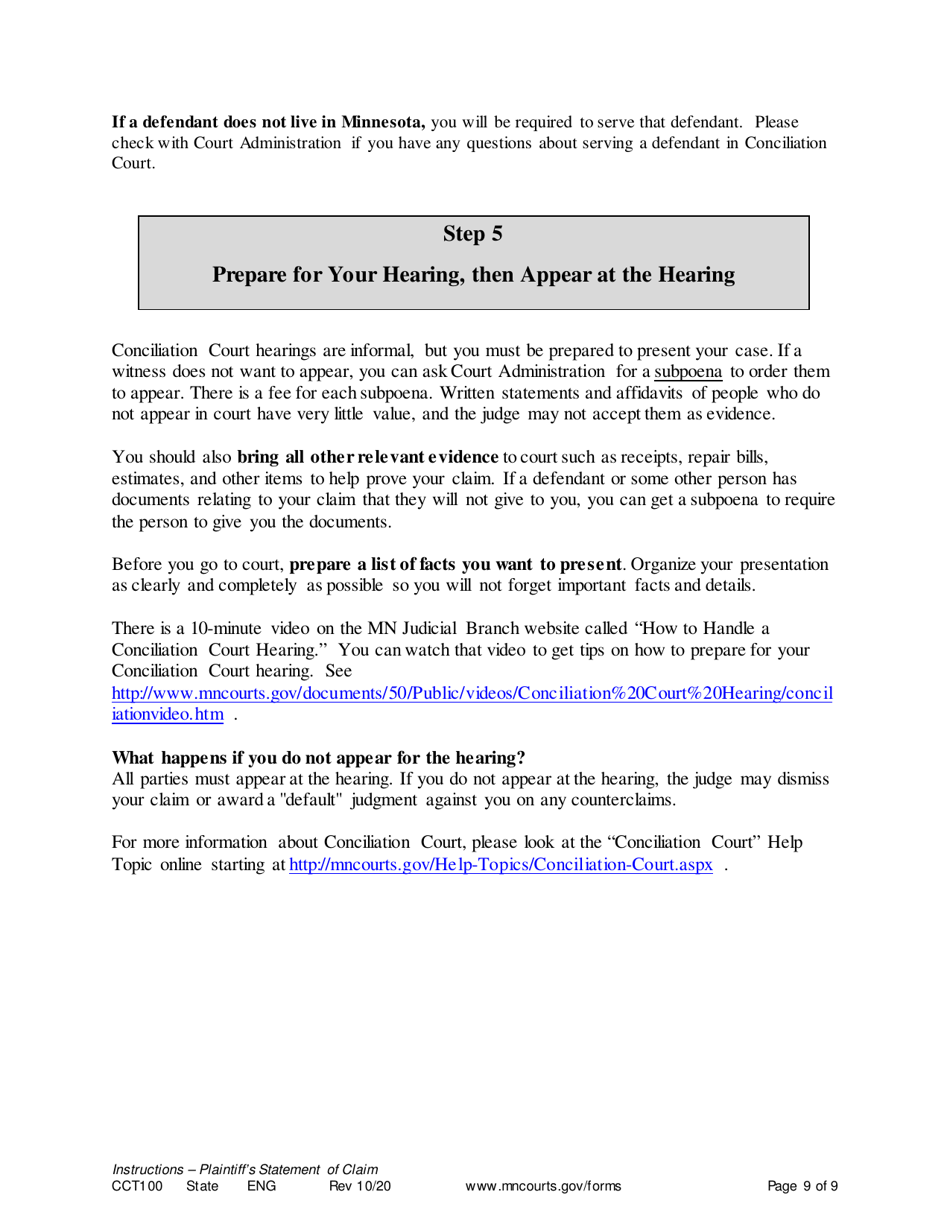 Instructions for Form CCT102 Plaintiffs Statement of Claim - Minnesota, Page 9