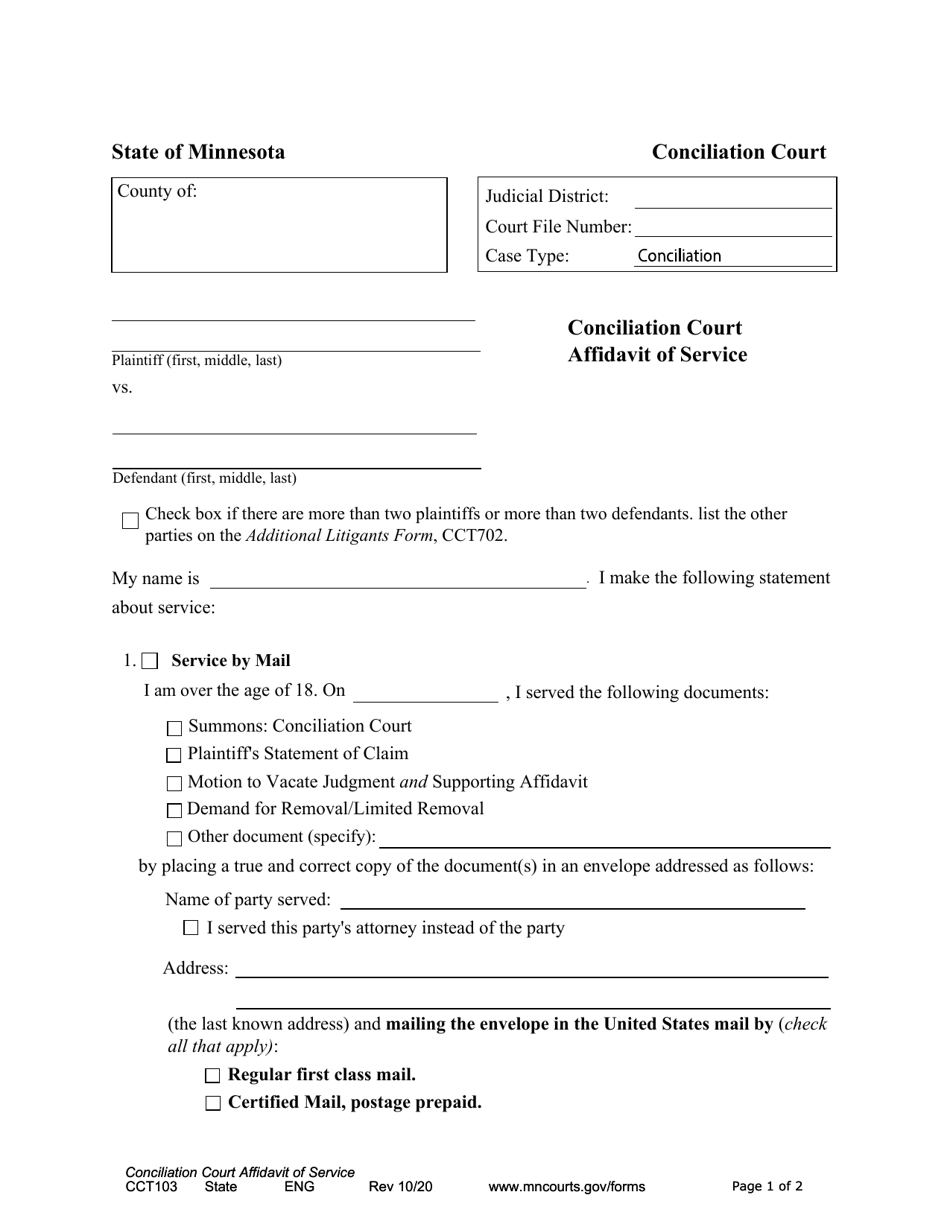 Form CCT103 Conciliation Court Affidavit of Service - Minnesota, Page 1