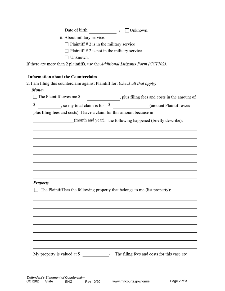 Form CCT202 Defendants Statement of Counterclaim - Minnesota, Page 2