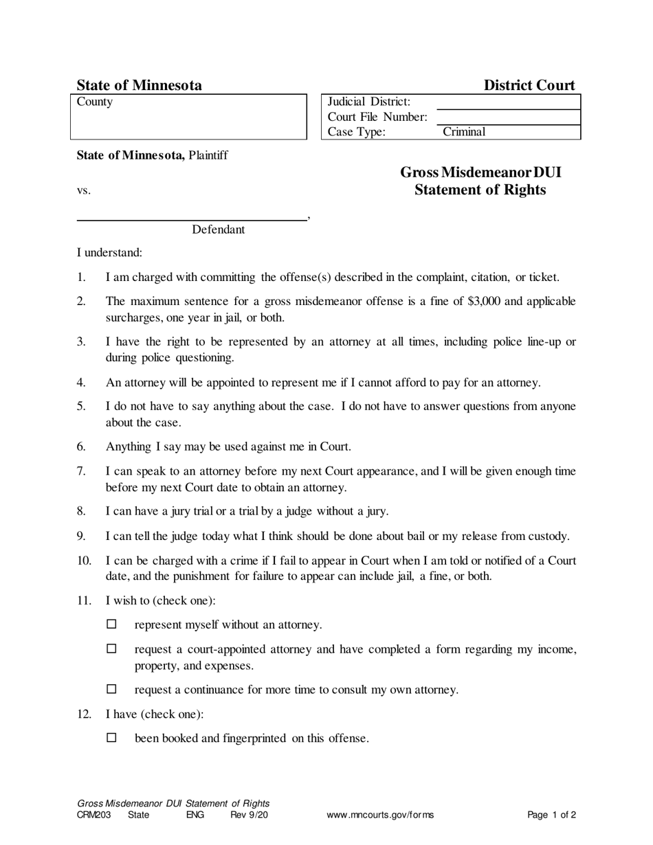 Form CRM203 Gross Misdemeanor Dui Statement of Rights - Minnesota, Page 1